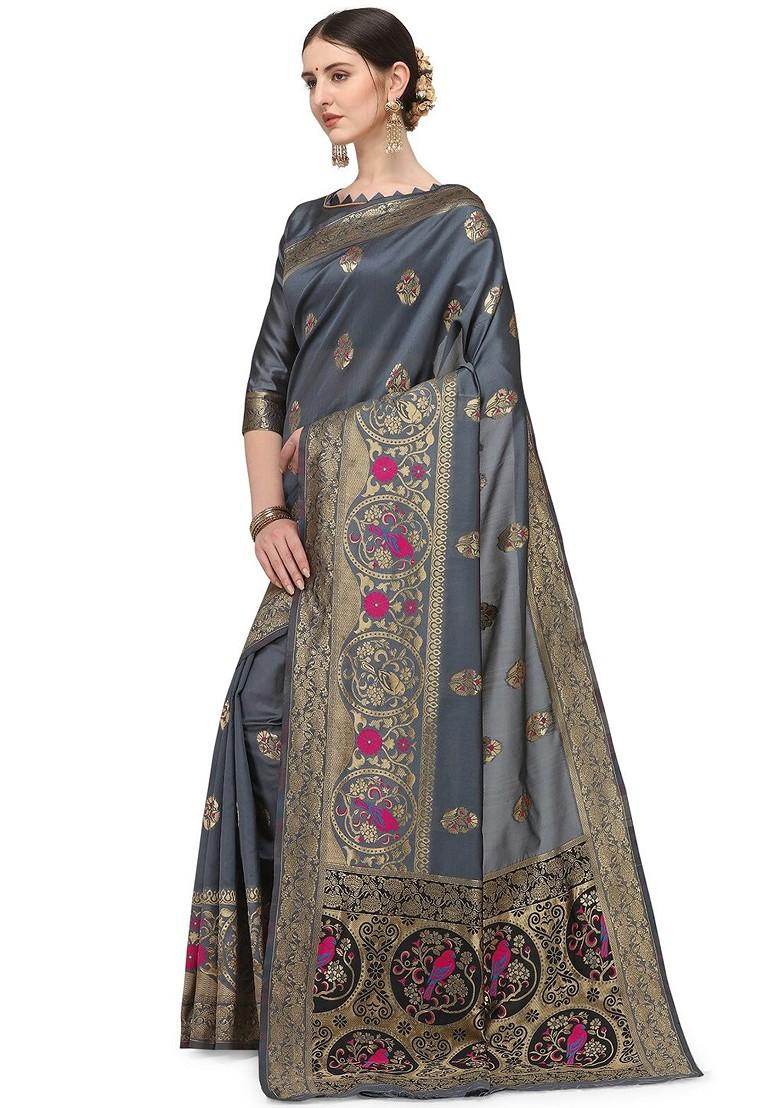 Grey Zari Embroidered Silk Saree Set