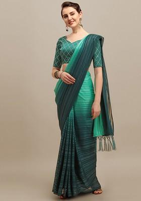 Blue Striped Print Poly Blend Saree Set