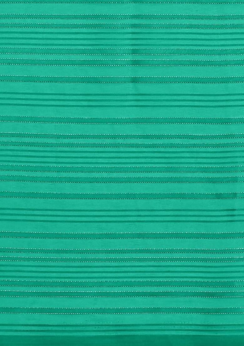 Blue Striped Print Poly Blend Saree Set