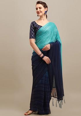 Blue Sequin Embroidered Poly Blend Saree Set