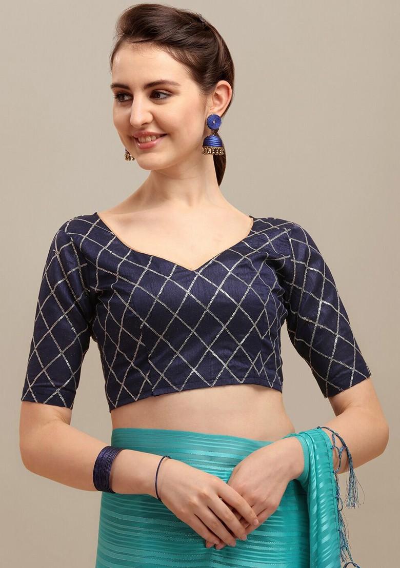 Blue Sequin Embroidered Poly Blend Saree Set