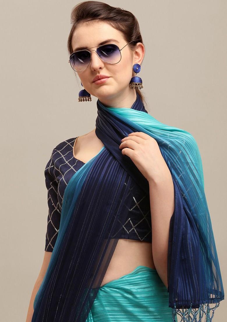 Blue Sequin Embroidered Poly Blend Saree Set