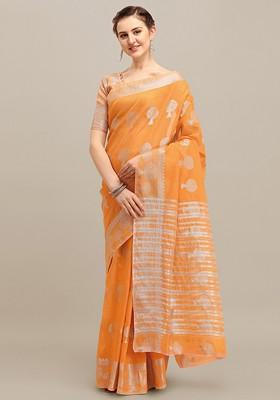 Orange Zari Embroidered Silk Saree Set