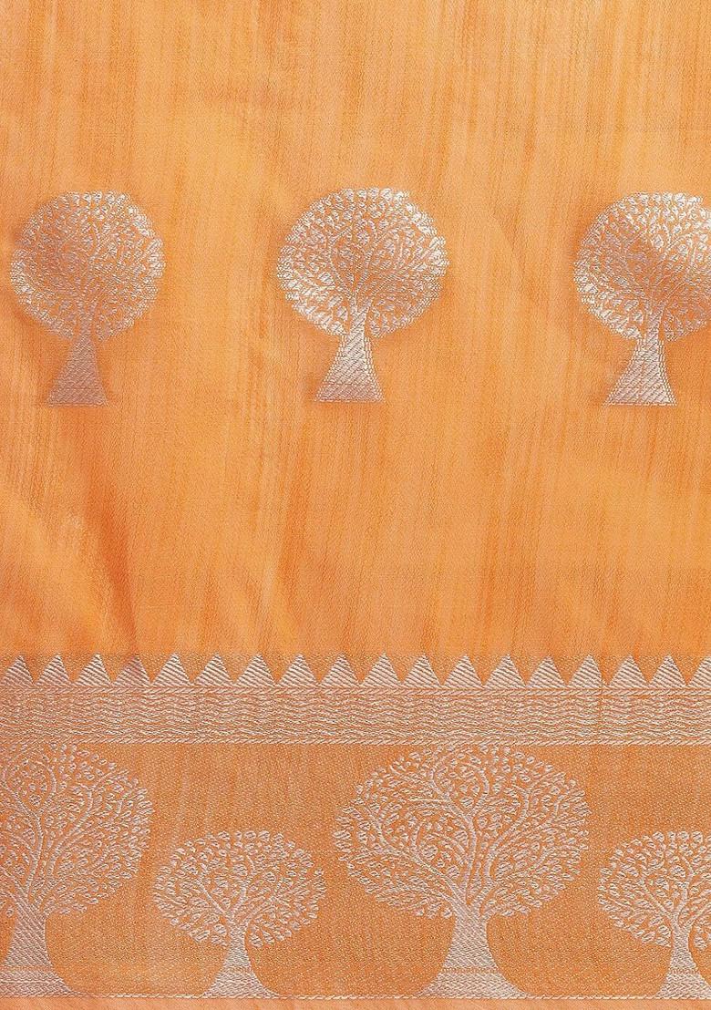 Orange Zari Embroidered Silk Saree Set