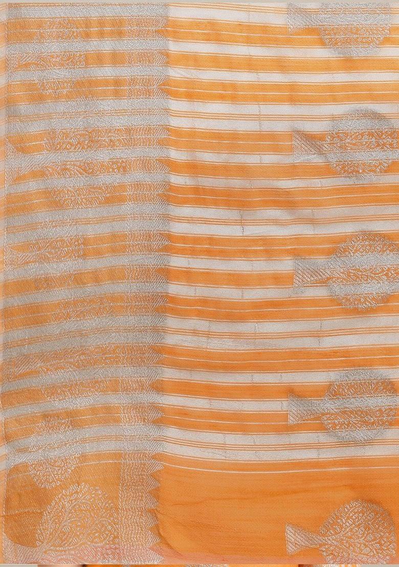 Orange Zari Embroidered Silk Saree Set