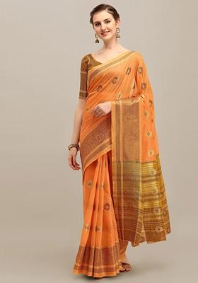 Orange Ethnic Motifs Embroidery Silk Saree Set