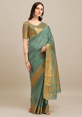 Turquoise Blue Floral Embroidered Silk Saree Set