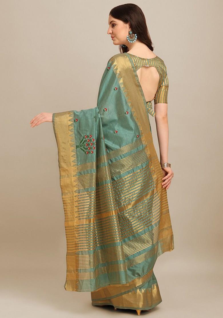 Turquoise Blue Floral Embroidered Silk Saree Set