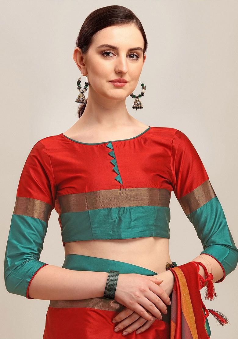 Red Ethnic Motifs Embroidery Silk Saree Set