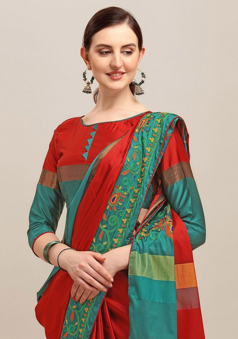 Red Ethnic Motifs Embroidery Silk Saree Set