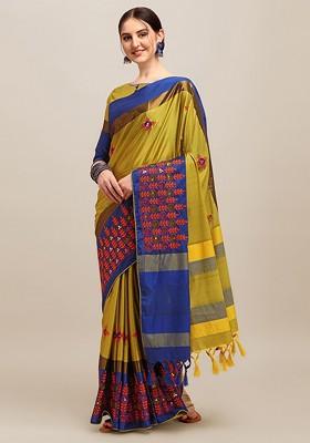 Yellow Floral Embroidered Silk Saree Set