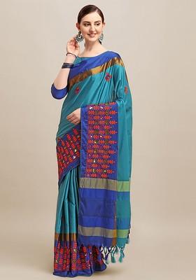 Blue Floral Embroidered Silk Saree Set