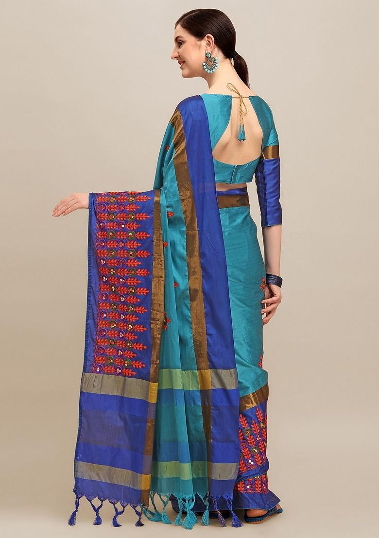 Blue Floral Embroidered Silk Saree Set