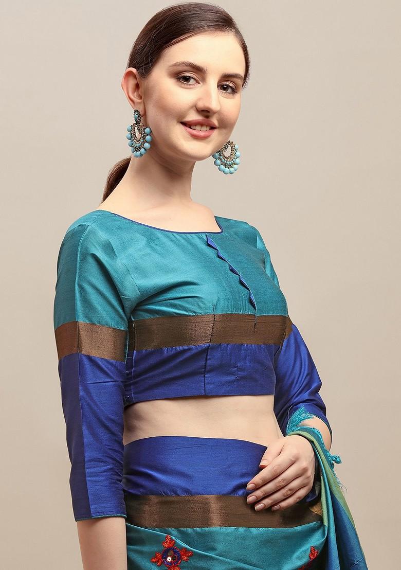 Blue Floral Embroidered Silk Saree Set