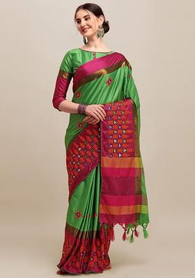 Green Floral Embroidered Silk Saree Set