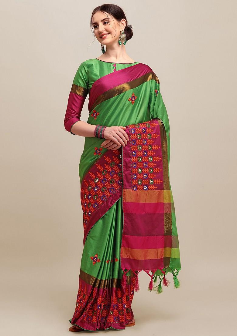 Green Floral Embroidered Silk Saree Set