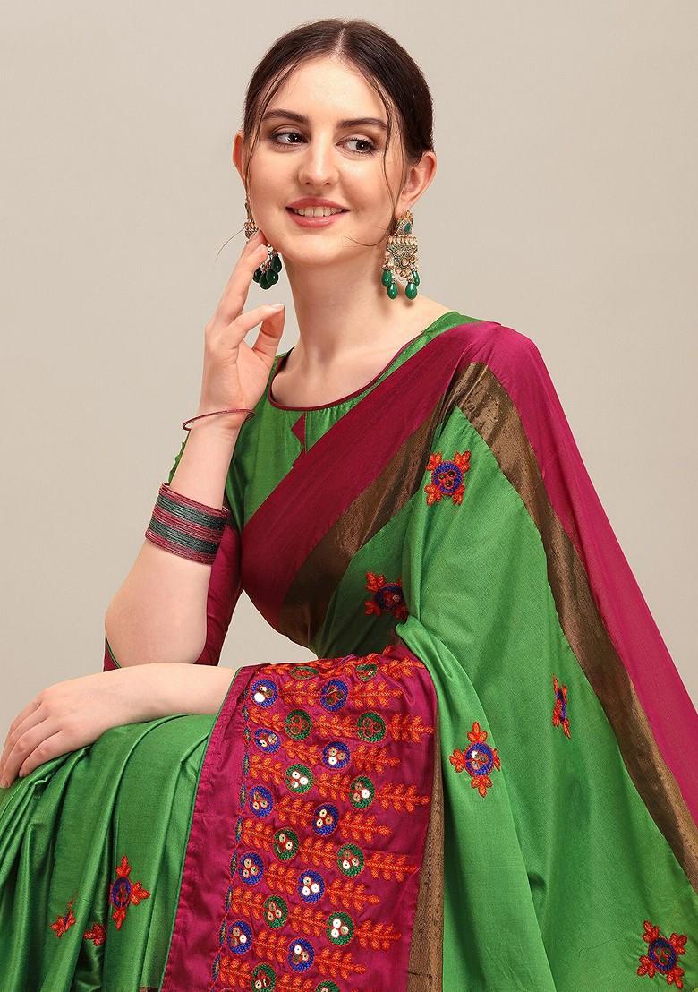 Green Floral Embroidered Silk Saree Set