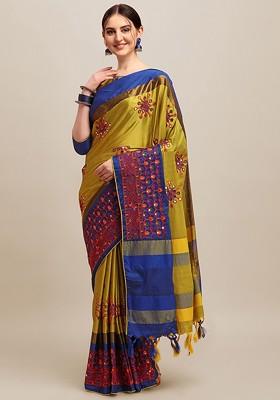 Yellow Floral Embroidered Silk Saree Set