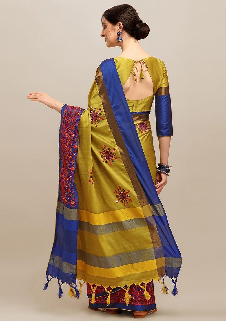 Yellow Floral Embroidered Silk Saree Set