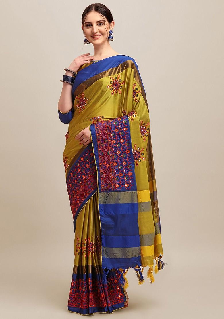 Yellow Floral Embroidered Silk Saree Set