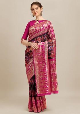 Black Ethnic Motifs Embroidery Banarasi Silk Saree Set