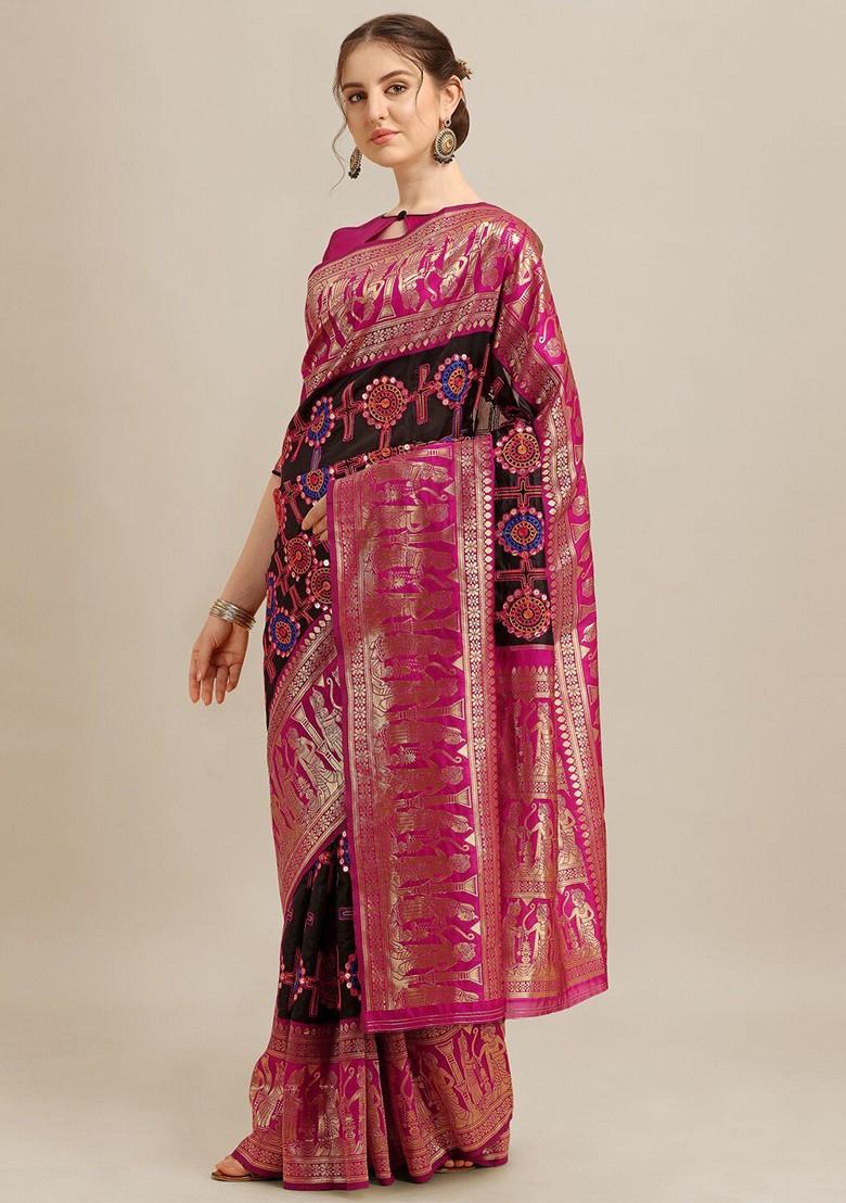 Black Ethnic Motifs Embroidery Banarasi Silk Saree Set