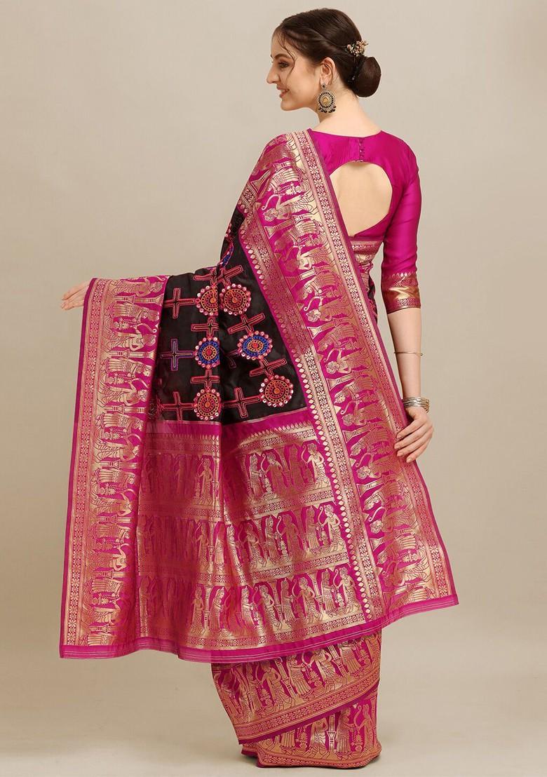 Black Ethnic Motifs Embroidery Banarasi Silk Saree Set