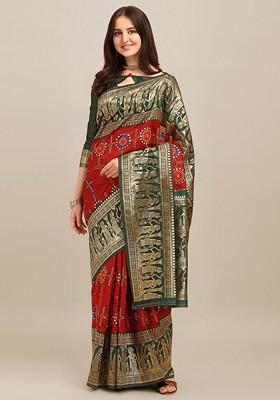 Red Zari Embroidered Banarasi Silk Saree Set