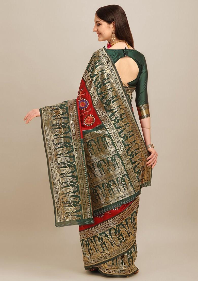 Red Zari Embroidered Banarasi Silk Saree Set