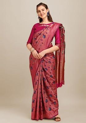 Pink Zari Embroidered Silk Saree Set