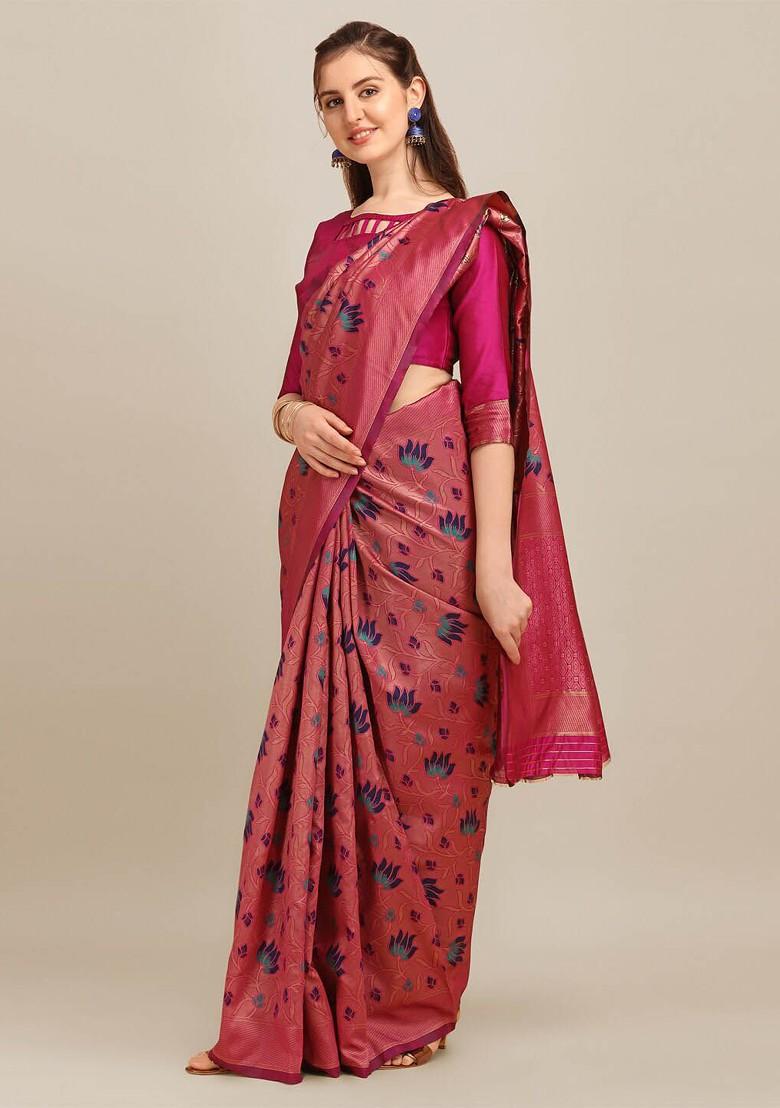 Pink Zari Embroidered Silk Saree Set