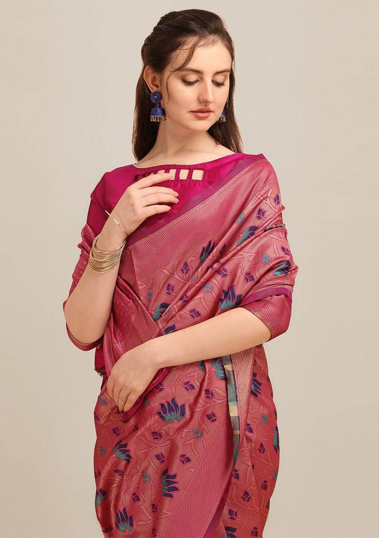 Pink Zari Embroidered Silk Saree Set