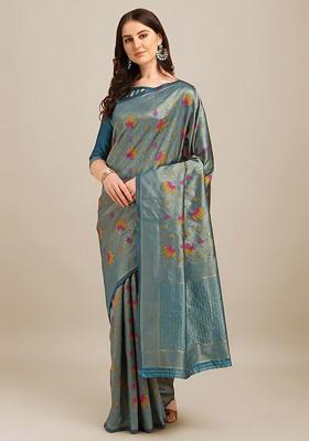 Blue Zari Embroidered Silk Saree Set