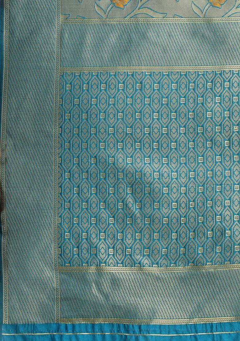 Blue Zari Embroidered Silk Saree Set