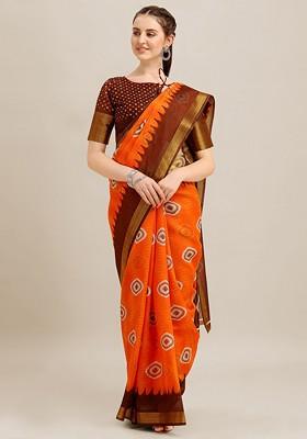 Orange Ethnic Motifs Embroidery Poly Blend Saree Set
