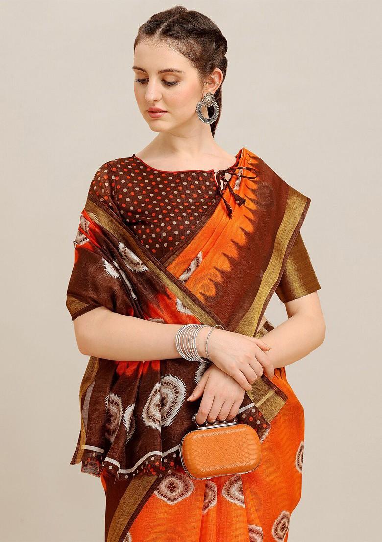 Orange Ethnic Motifs Embroidery Poly Blend Saree Set