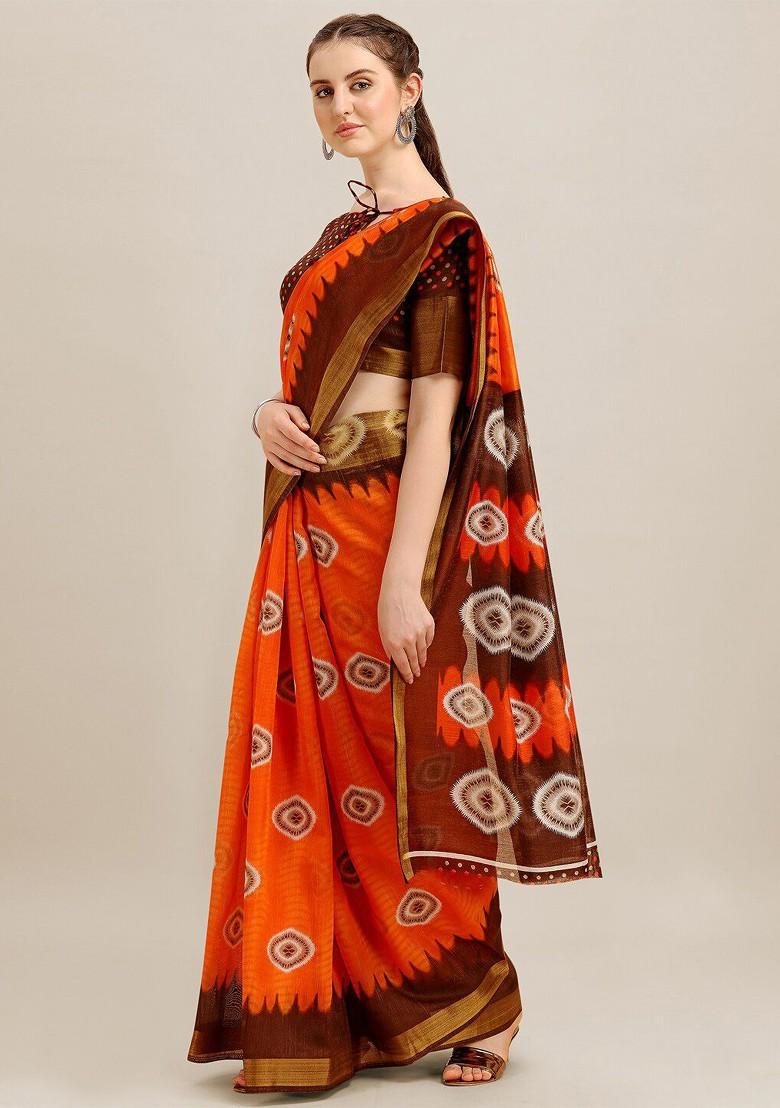 Orange Ethnic Motifs Embroidery Poly Blend Saree Set