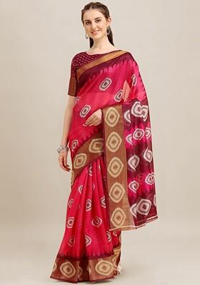 Pink Woven Poly Blend Saree Set