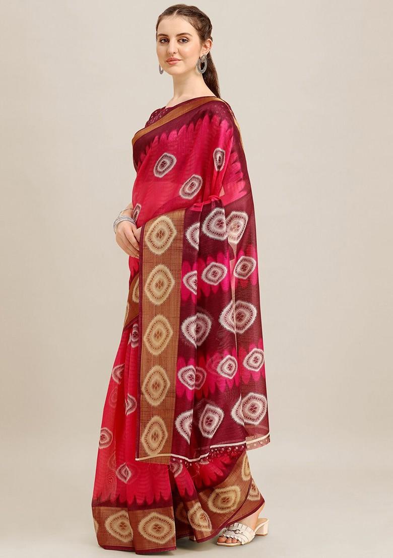 Pink Woven Poly Blend Saree Set