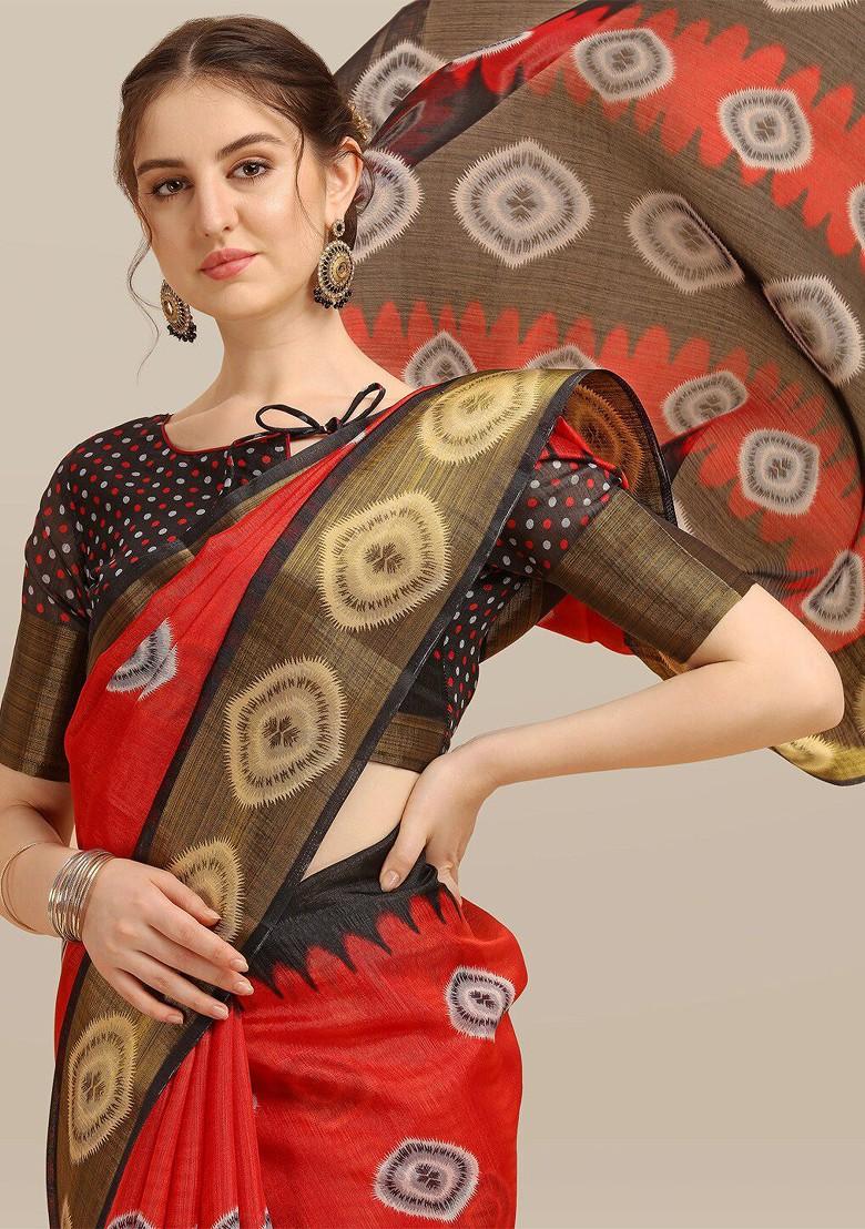 Red Zari Embroidered Poly Blend Saree Set