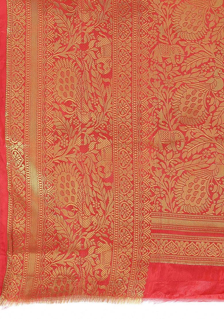 Red Zari Embroidered Silk Saree Set