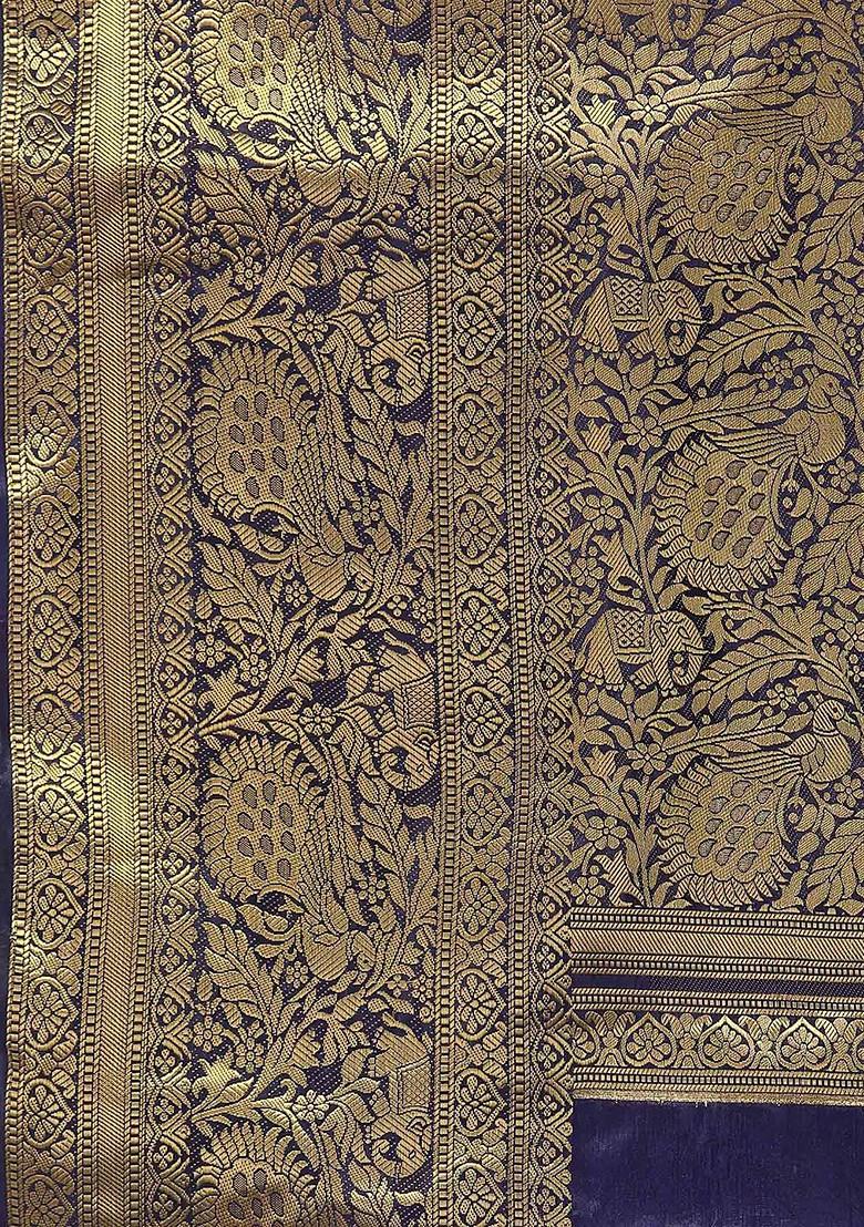 Blue Zari Embroidered Silk Saree Set