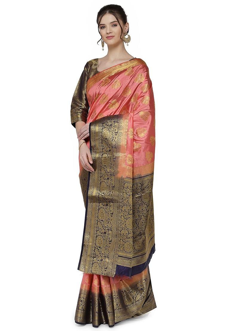 Blue Zari Embroidered Silk Saree Set