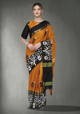 Yellow Ethnic Motifs Embroidery Silk Saree Set