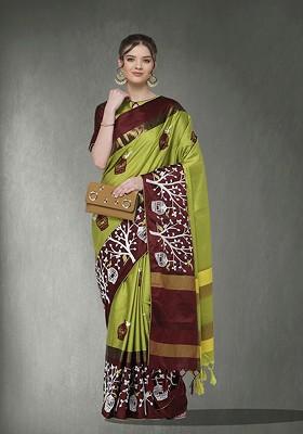 Green Ethnic Motifs Embroidery Silk Saree Set
