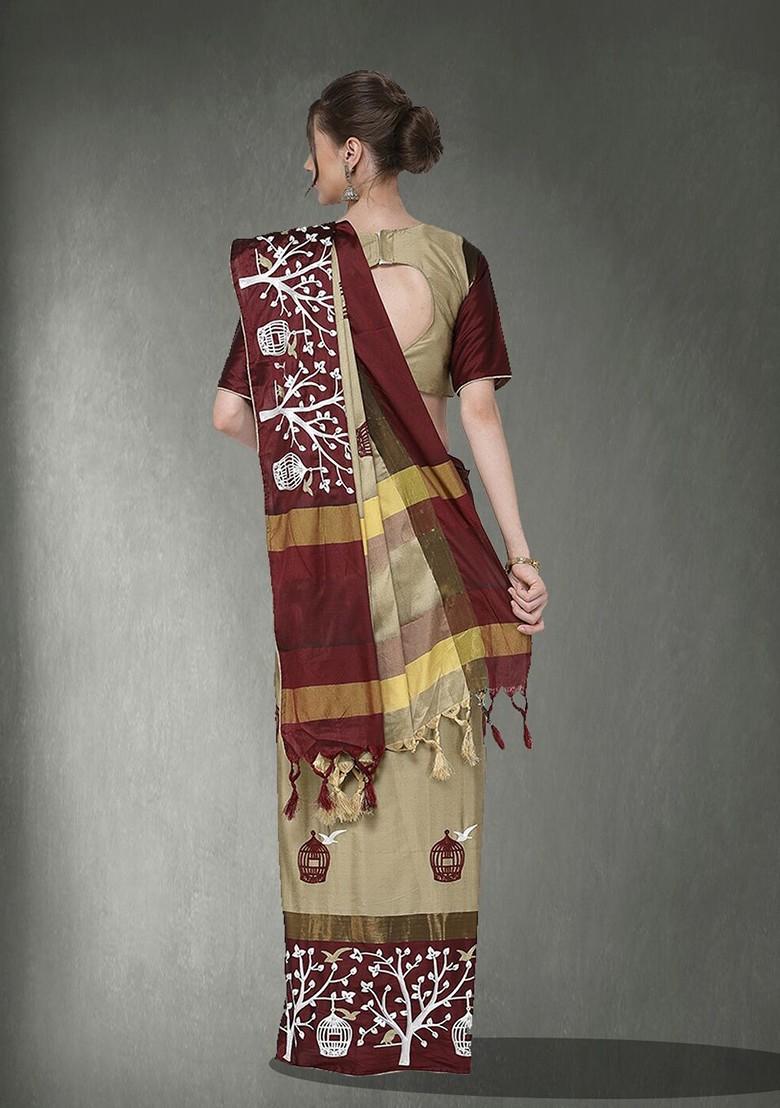 Cream Ethnic Motifs Embroidery Silk Saree Set