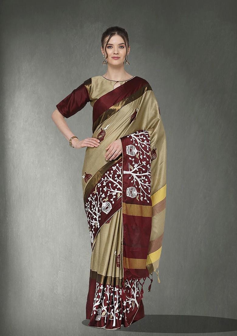 Cream Ethnic Motifs Embroidery Silk Saree Set