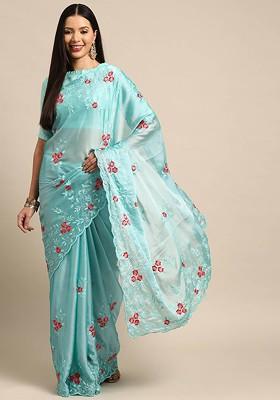 Turquoise Blue Floral Embroidered Silk Saree Set