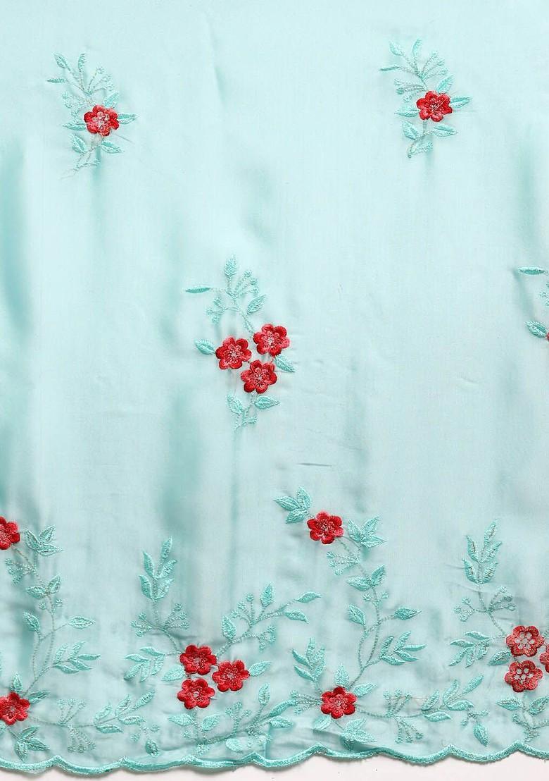 Turquoise Blue Floral Embroidered Silk Saree Set