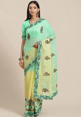 Green Floral Embroidered Poly Blend Saree Set